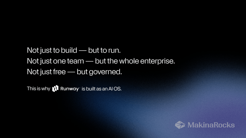 Runway brand card with three-line manifesto: Not just to build but to run, Not just one team but the whole enterprise, Not just free but governed — Runway is built as an AI OS