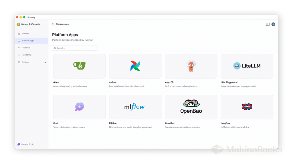 Runway 2.0 Platform Apps screen showing eight pre-installed services: Gitea, Airflow, Argo CD, LLM Playground, Chat, MLflow, OpenBao, and Langfuse