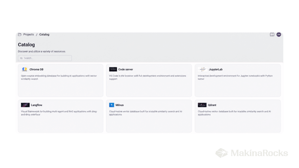 unway app catalog displaying six installable applications: Chroma DB, Code Server, JupyterLab, Langflow, Milvus, and Qdrant