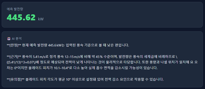 이미지 2. 예측값과 함께 표시되는 LLM 코멘트. 풍속·풍향·피치각 같은 입력 조건을 문장으로 정리해 줍니다.